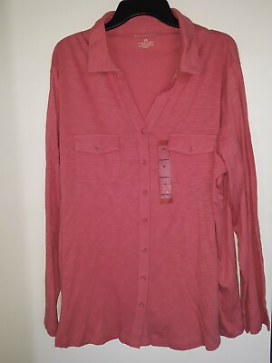 #ad #ad NWOT North crest Top Blouse Womens Sz 3X Coral LS Button $22.49