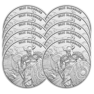 #ad Lot of 10 1 Troy oz Eric Bloodaxe Design .999 Fine Silver Round $299.41