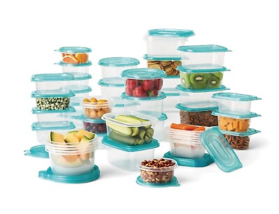 92 Piece Plastic Food Storage Containers Set With Blue Lids Airtight Container $13.30