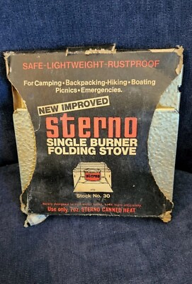 Vintage Single Burner Sterno Folding Cook Stove No. 30 Original Black Box Gold $12.99