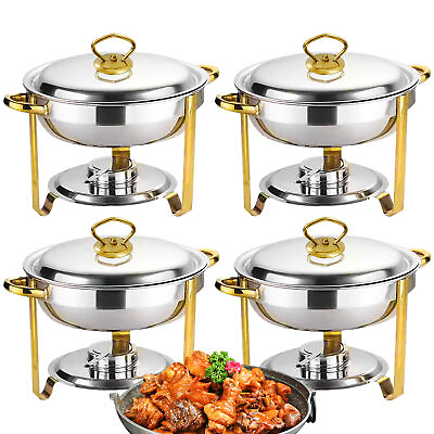 #ad 4PCS Round Gold Plated Chafing Dish Buffet Set Stainless Steel Food Warmer Trays $205.81