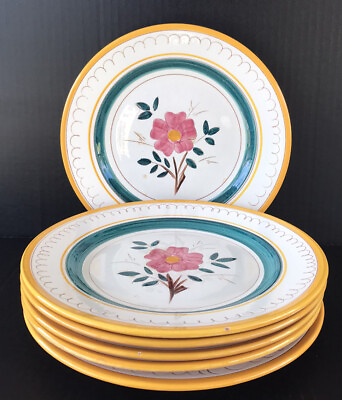 Vintage Stangl Pottery Garden Flower Dinner Plates 10quot; Set Of 6 Yellow Trim $100.00