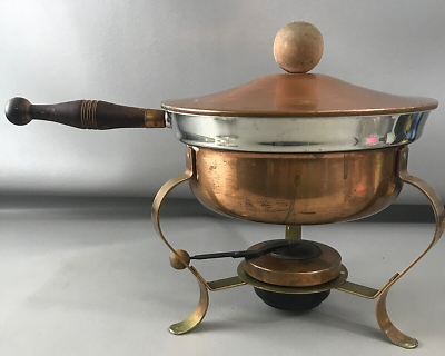 #ad Beautiful Vintage copper Chafing Dish with Lid Burner stand amp; Wooden Handles $39.95