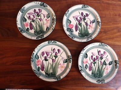 Hand Painted Studio Pottery Plates Iris Flower Signed by Elaine Set of 4 $50.00