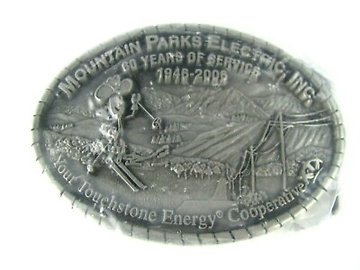 VINTAGE MOUNTAIN PARKS ELECTRIC INC. BELT BUCKLE SOLID PEWTER MADE IN USA $9.95