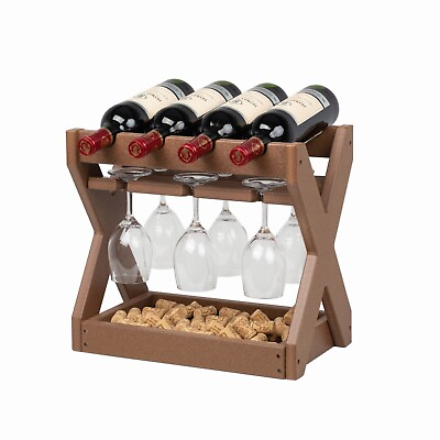 4 Bottles Countertop Small Wine Racks with Glass Holder for Kitchen Bar Brown $59.99