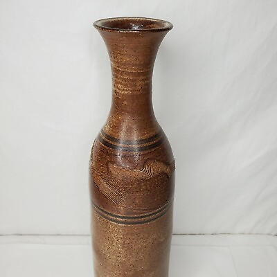 Stoneware Pottery Vase Art Earth Tones Textured Tall Slender Vessel Signed $75.00