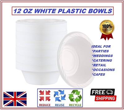 #ad 12 OZ WHITE PLASTIC BOWLS DISPOSABLE PARTIES OCCASIONS CATERING RETAIL WHOLESALE GBP 39.93