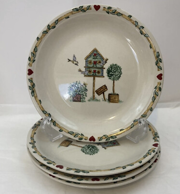 Vintage Thomson Pottery Salad Plates Birdhouse Birds Heart Vine Border Lot of 8 $32.00