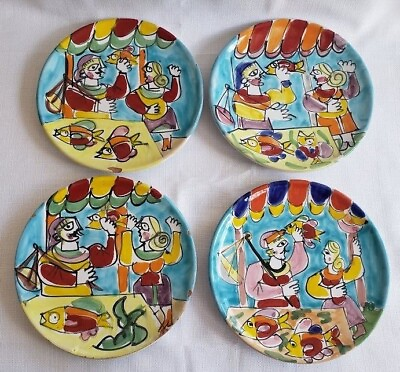 Vintage La Musa Italian Pottery Plates Fish Market 8 inch Set of 4 $95.00