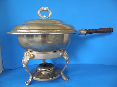 #ad VINTAGE ROUND ORNATE METAL CHAFING DISH amp; STAND WITH STERNO BURNER FOOD WARMER $69.99