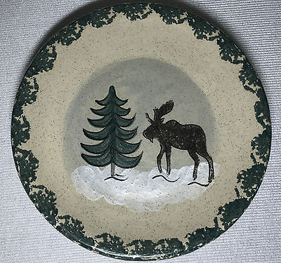 Hand painted POTTERY salad plate Moose tree green border trim matte finish $14.95
