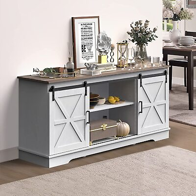 59quot; Farmhouse Kitchen Buffet Cabinet Coffee Bar Sideboard with Sliding Barn Door $126.34