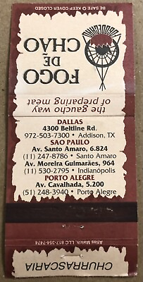 Vintage 30 Strike Matchbook Cover Fogo De Chao Restaurant Texas A $4.85