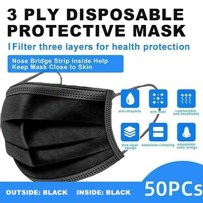 #ad #ad 50 Pcs Black 3 Ply Face Mask Disposable Non Medical Surgical Earloop Mouth Cover $4.90