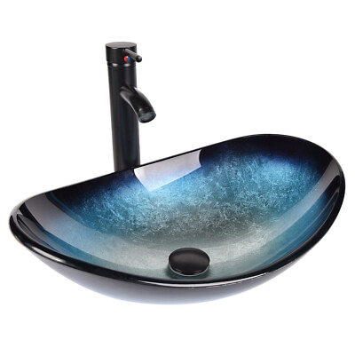 #ad Bathroom Vessel Sink Tempered Glass Countertop Basin w ORB Faucet Pop up Drain $101.99