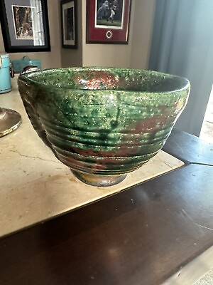 #ad Vintage Raku Green Copper Pottery Pedestal Bowl Vase Signed Numbered $24.00