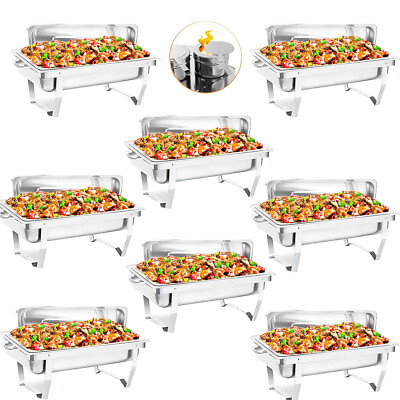 #ad 8 Set Catering Stainless Steel Chafing Dish Sets 9.5QT Full Size Buffet Foldable $265.99