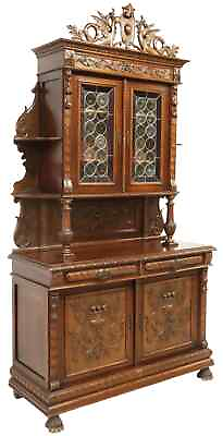 #ad Antique Sideboard Italian Renaissance Revival Carved Crest Leaded 1800#x27;s $1995.00