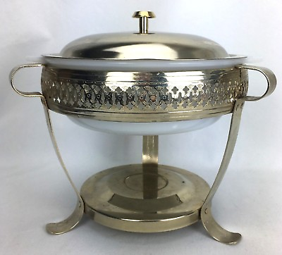 Vintage Chafing Warming Stand and Lid with Pyrex Milk Glass 2 Qt Casserole Dish $39.95