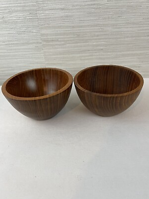 #ad Vintage wood bowls set of 2 teak MCM salad round handcrafted dark finish snack $15.00