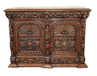 #ad Antique Buffet French Relief Carved Oak 2 doors Bas Lions Heads 1800s $2877.00