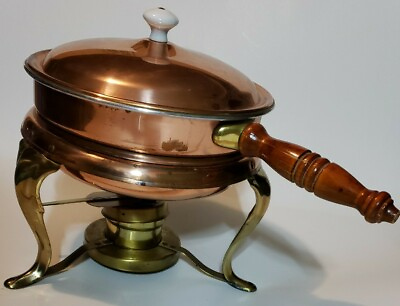 #ad #ad Vintage Copper amp; Brass Chafing Dish Warming Pan Wood Handles Stand A $15.40