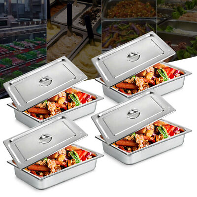 4 Pack 4 inch Deep Full Size Steam Table Pans Lids Fits Hotel Food Buffet $62.00
