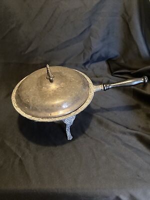 #ad Vintage 3 Legged Silver Plated Large Chafing Dish w Warmer Lid Wooden Handle $10.00