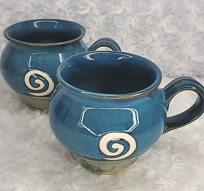 #ad Set Of 2 Jack O’Patsy Pottery Potbelly Mugs Ireland Swirl Blue Green $32.95