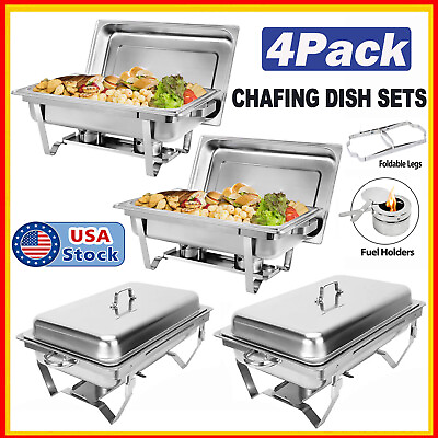 #ad 13.7 QT 4 Packs Chafing Dish Stainless Steel Rectangular Chafer Full Size Buffet $106.59