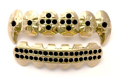 14K Gold Plated Mouth Teeth Grills Grillz Black Onyx CZ Fangs Set w Mold Kit $9.99