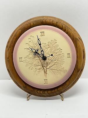 #ad Blue Moon Pottery Clock On Oak Wood Base Fall Leaves Works $39.99