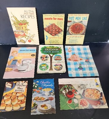 #ad 9 Pc 1950s 1960s Cookbooks Lot Betty Crocker GM Pyrex Gelatin Fondue USA Vintage $24.99