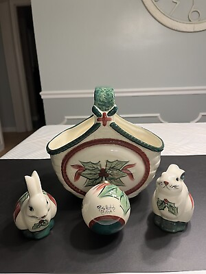 P Silkotch Pottery Christmas Basket Rabbits Ornament Hand Painted Signed $34.99