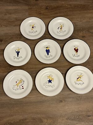 #ad Pottery Barn 8.5” Santa’s Reindeer Porcelain Salad Plates 8 Plates $119.99