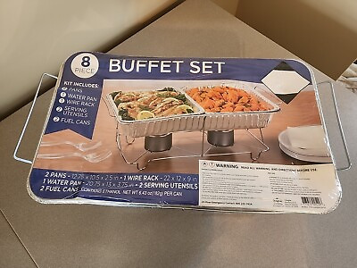 8 Piece Buffet Set Kit 4pk pans water pans wire racks serving utensils fuel pk $89.99