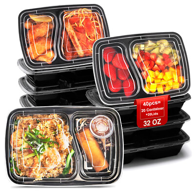 40 200 32oz Reusable Meal Prep Food Container 2 Compartment Storage Microwavable $15.98