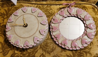 Cute Matching Pottery Clock And Mirror W Heart Motif $45.00