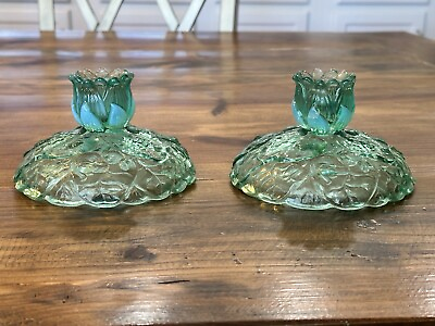 #ad 2 FENTON GLASS CANDLE HOLDERS WATER LILY IRIDESCENT GREEN OPALESCENT CARNIVAL $40.00