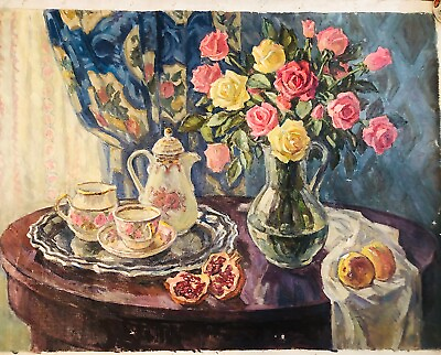 #ad #ad Russian Original Still Life Painting Flowers Table Food Tea COA On Back 33 X 24 $190.00