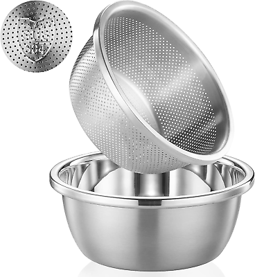 #ad 304 Stainless Steel Colander Microporous2Qt Rice Washing Bowl Set Heavy Duty C $31.24