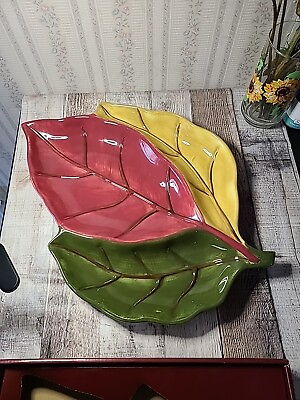 #ad Home Trends Harvest Shaded Leaf 3 Section Ceramic Tray Candy Snacks Cookies 16” $30.00