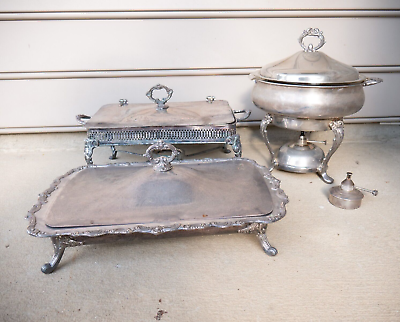 #ad Large Vintage Set Silver Plate chafing dish warmer set silver plate Serving Tray $150.00