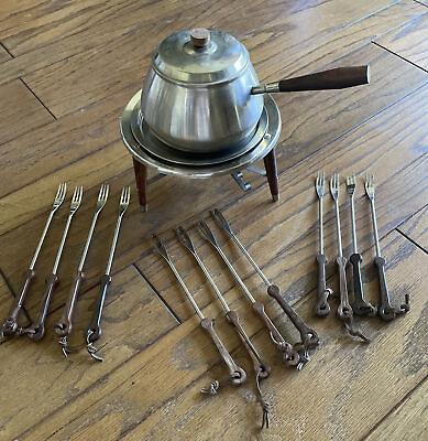 5 piece Stainless wood Sterno Chafing Dish 8 Fondue Forks 4 Skewers MCM $75.00