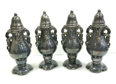 Lot of 4 Wallace Baroque Salt Pepper Shakers Silver Plate Footed Handles 541.3gr $65.00