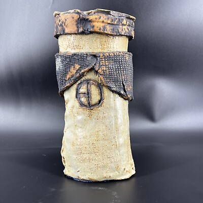 #ad #ad Unique Art Pottery Rustic Brutalist Textured Vase Utensil Holder Stoneware $48.95