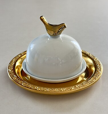 #ad Creative Co op Ceramic Butter Dome Dish With Golden Bird And Platter $25.00