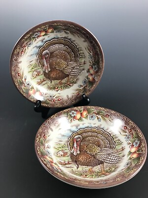 New Victorian English Pottery Turkey Thanksgiving Brown Set 2 Cereal Soup Bowls $14.99