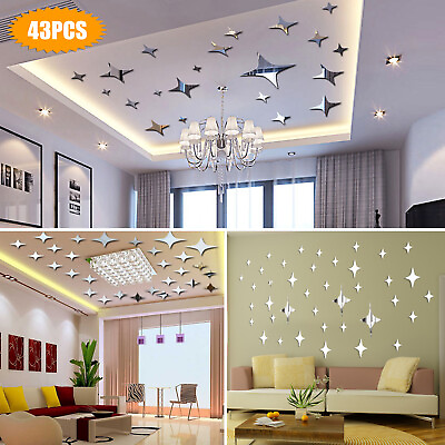#ad 43PCS 3D Wall Stickers Home Decor DIY Art Mirror Star Decal Bedroom Removable $9.98